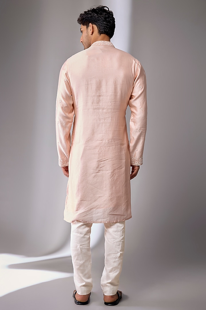 Pink Silk Chanderi Kurta Set by Kalighata Men at Pernia's Pop Up Shop