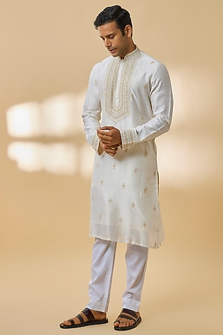 Ivory Silk Chanderi Kurta Set by Kalighata Men