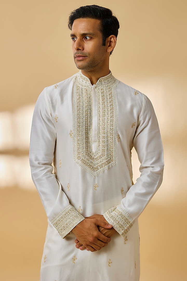 Ivory Silk Chanderi Kurta Set by Kalighata Men at Pernia's Pop Up Shop