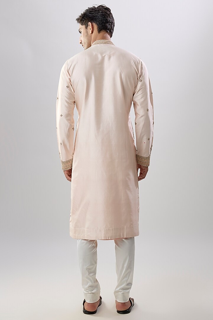 Pink Silk Chanderi Kurta Set by Kalighata Men at Pernia's Pop Up Shop