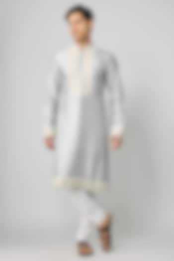 Ice Blue Silk & Chanderi Embroidered Kurta Set by Kalighata Men at Pernia's Pop Up Shop