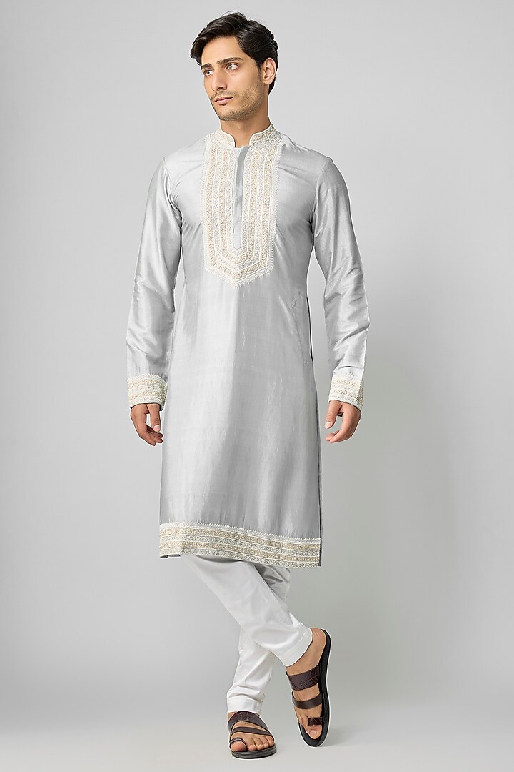 Ice Blue Silk & Chanderi Embroidered Kurta Set by Kalighata Men at Pernia's Pop Up Shop