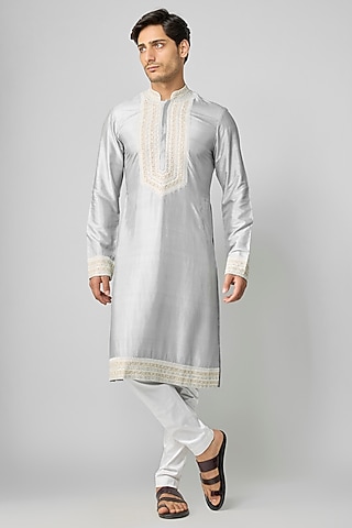 Ice Blue Silk & Chanderi Embroidered Kurta Set by Kalighata Men