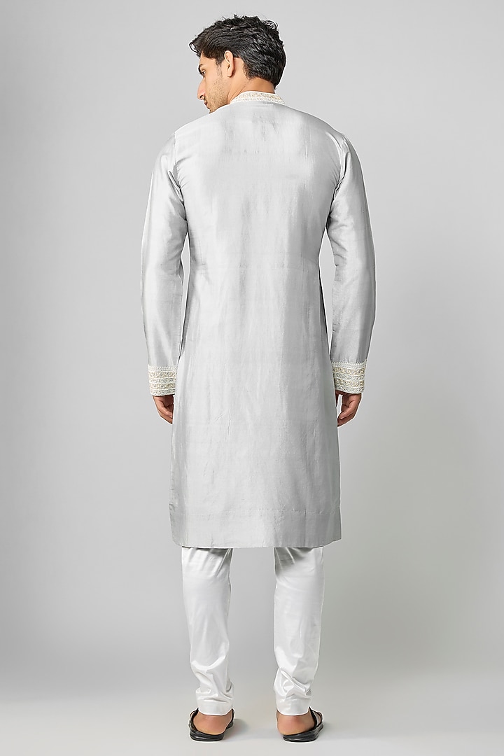 Ice Blue Silk & Chanderi Embroidered Kurta Set by Kalighata Men at Pernia's Pop Up Shop