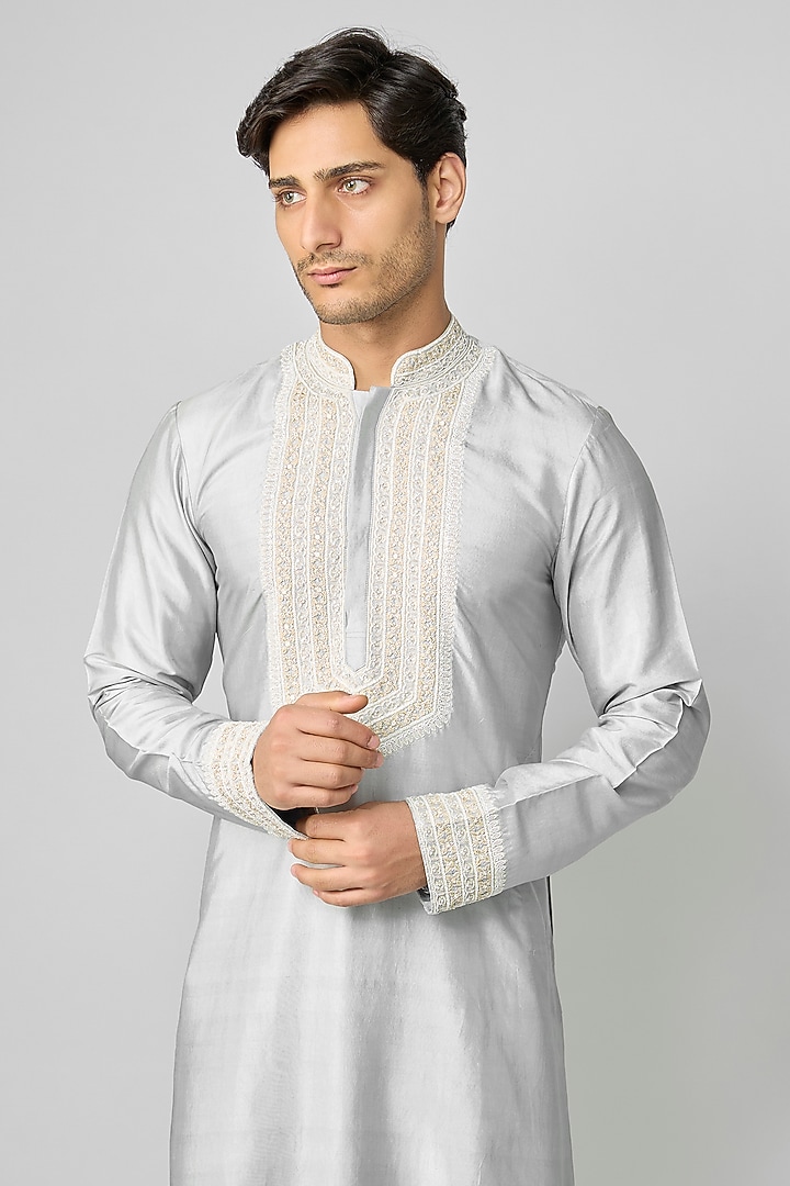 Ice Blue Silk & Chanderi Embroidered Kurta Set by Kalighata Men at Pernia's Pop Up Shop