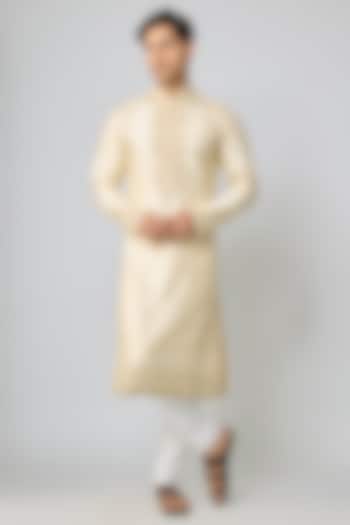 Ivory Silk & Chanderi Embroidered Kurta Set by Kalighata Men at Pernia's Pop Up Shop