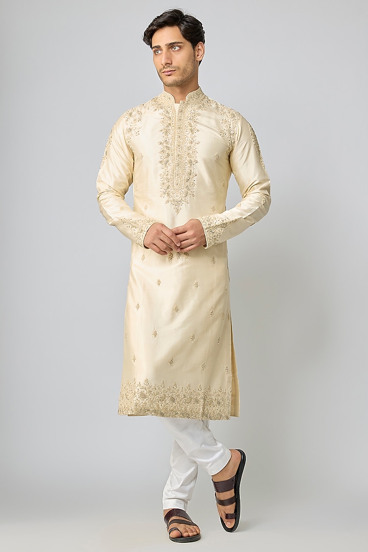Ivory Silk & Chanderi Embroidered Kurta Set by Kalighata Men at Pernia's Pop Up Shop