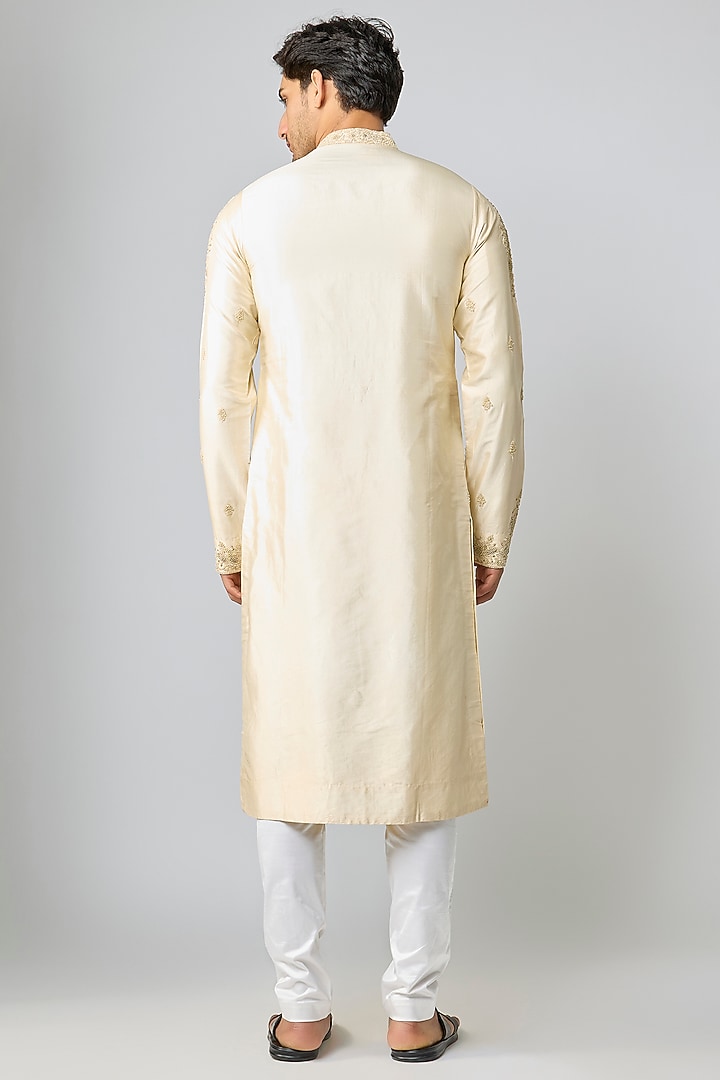 Ivory Silk & Chanderi Embroidered Kurta Set by Kalighata Men at Pernia's Pop Up Shop
