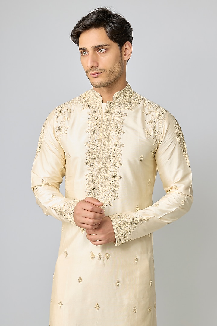Ivory Silk & Chanderi Embroidered Kurta Set by Kalighata Men at Pernia's Pop Up Shop