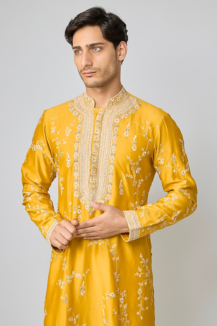 Mustard Silk & Chanderi Embroidered Kurta Set by Kalighata Men at Pernia's Pop Up Shop