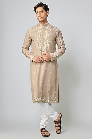 White Tussar Silk Embroidered Kurta Set by Kalighata Men