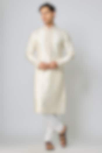 Ivory Silk & Chanderi Embroidered Kurta Set by Kalighata Men at Pernia's Pop Up Shop