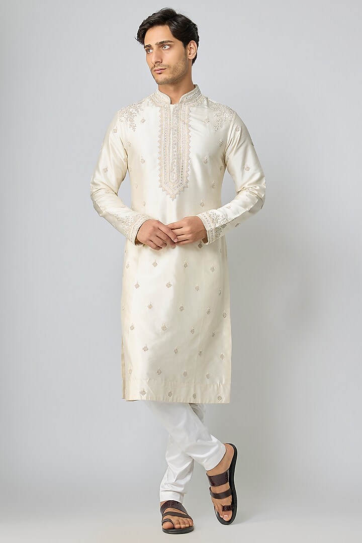 Ivory Silk & Chanderi Embroidered Kurta Set by Kalighata Men at Pernia's Pop Up Shop
