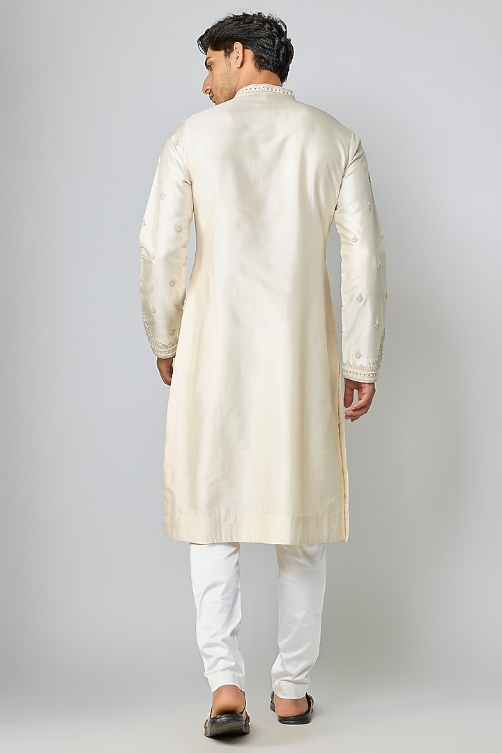 Ivory Silk & Chanderi Embroidered Kurta Set by Kalighata Men at Pernia's Pop Up Shop