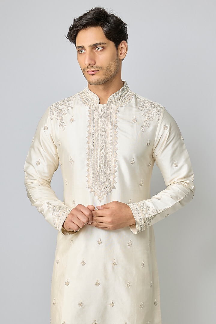 Ivory Silk & Chanderi Embroidered Kurta Set by Kalighata Men at Pernia's Pop Up Shop