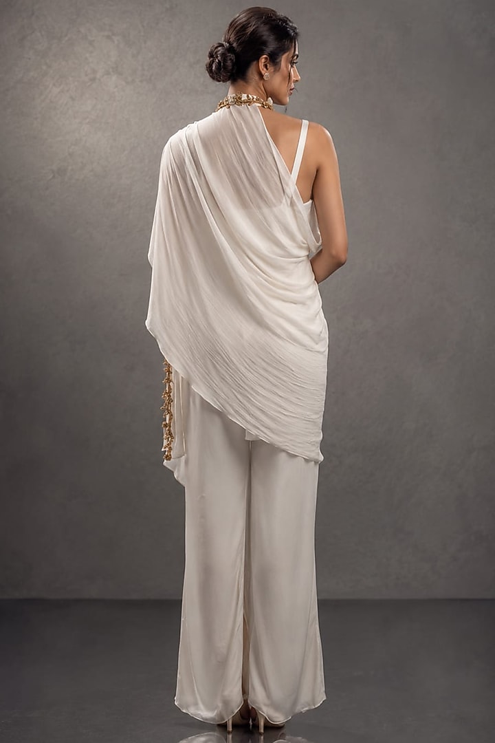 Ivory Satin Sheer Cape Set by Kalighata Pret at Pernia's Pop Up Shop