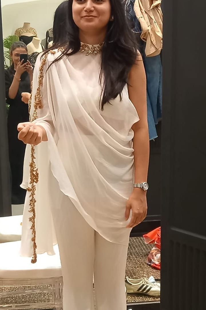 Ivory Satin Sheer Cape Set by Kalighata Pret at Pernia's Pop Up Shop
