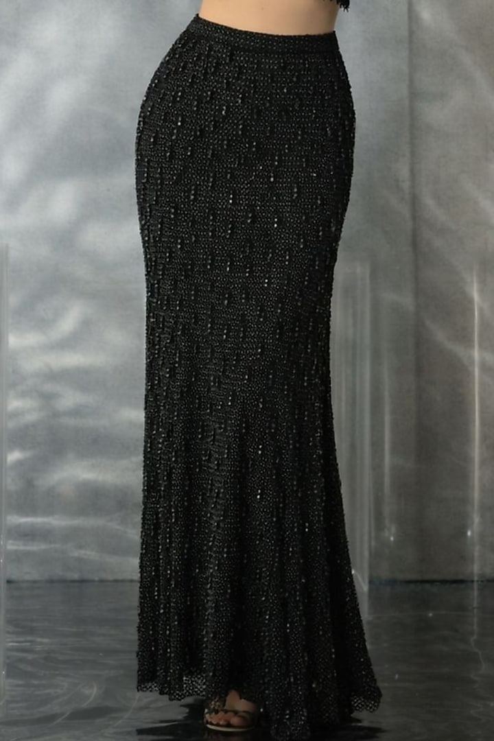 Black Silk Satin & Net Mermaid Skirt Set by Kalighata Pret at Pernia's Pop Up Shop