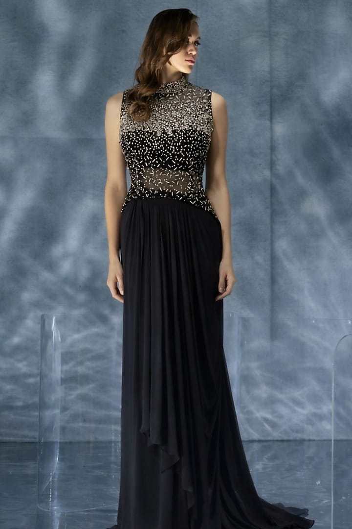 Black Organza Draped Skirt Set by Kalighata Pret at Pernia's Pop Up Shop