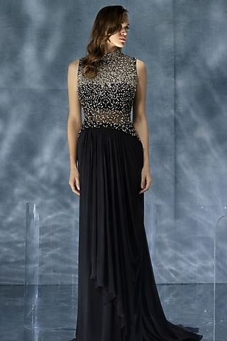 Black Organza Draped Skirt Set by Kalighata Pret