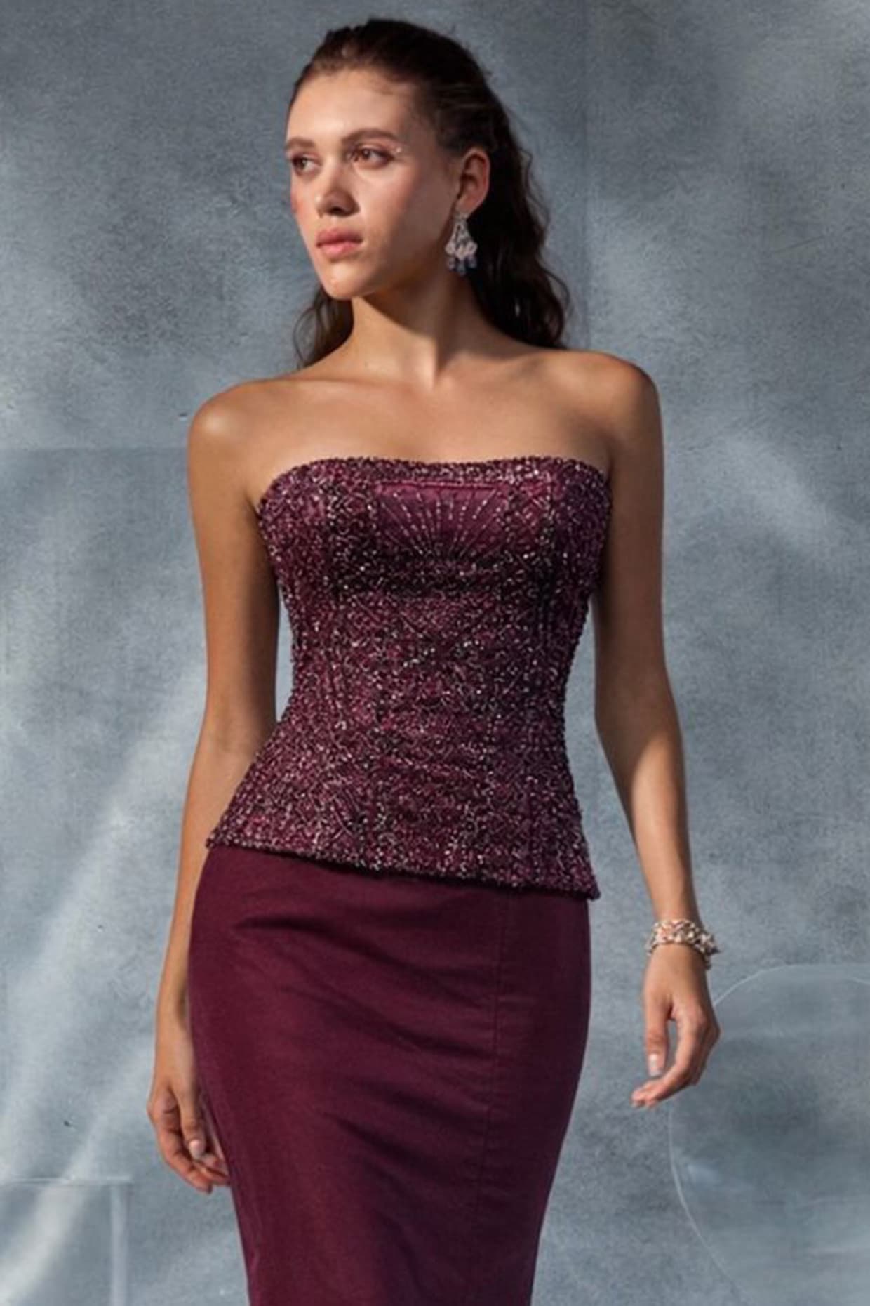 Kalighata Pret Wine Organza Silk Skirt Set