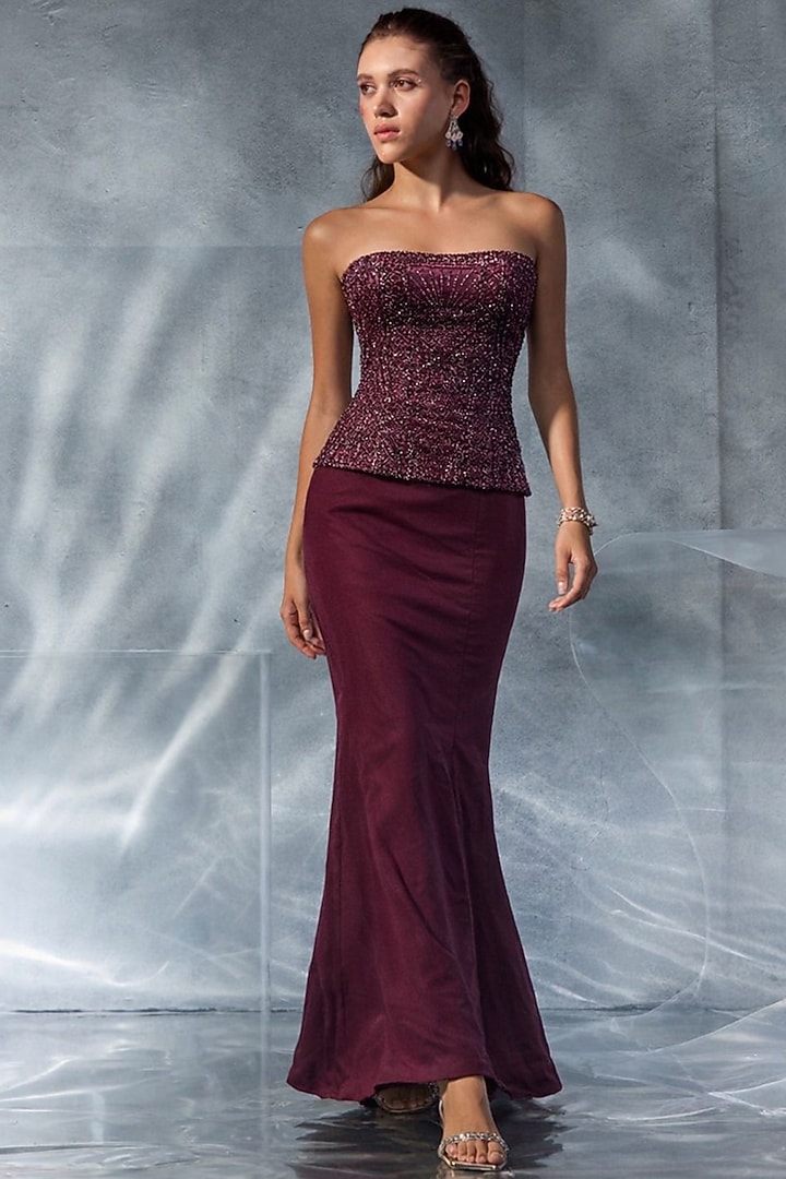 Wine Organza Silk Skirt Set by Kalighata Pret at Pernia's Pop Up Shop