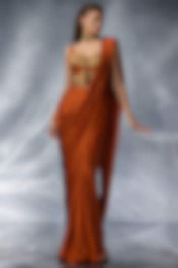 Rust Crepe Embroidered Pre-Stitched Wedding Saree Set by Kalighata Pret at Pernia's Pop Up Shop