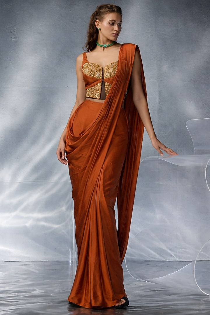 Rust Crepe Embroidered Pre-Stitched Wedding Saree Set by Kalighata Pret at Pernia's Pop Up Shop