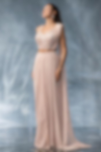 Baby Pink Crepe Wedding Saree Set by Kalighata Pret at Pernia's Pop Up Shop