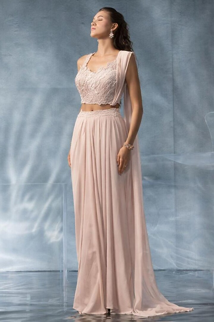 Baby Pink Crepe Wedding Saree Set by Kalighata Pret at Pernia's Pop Up Shop