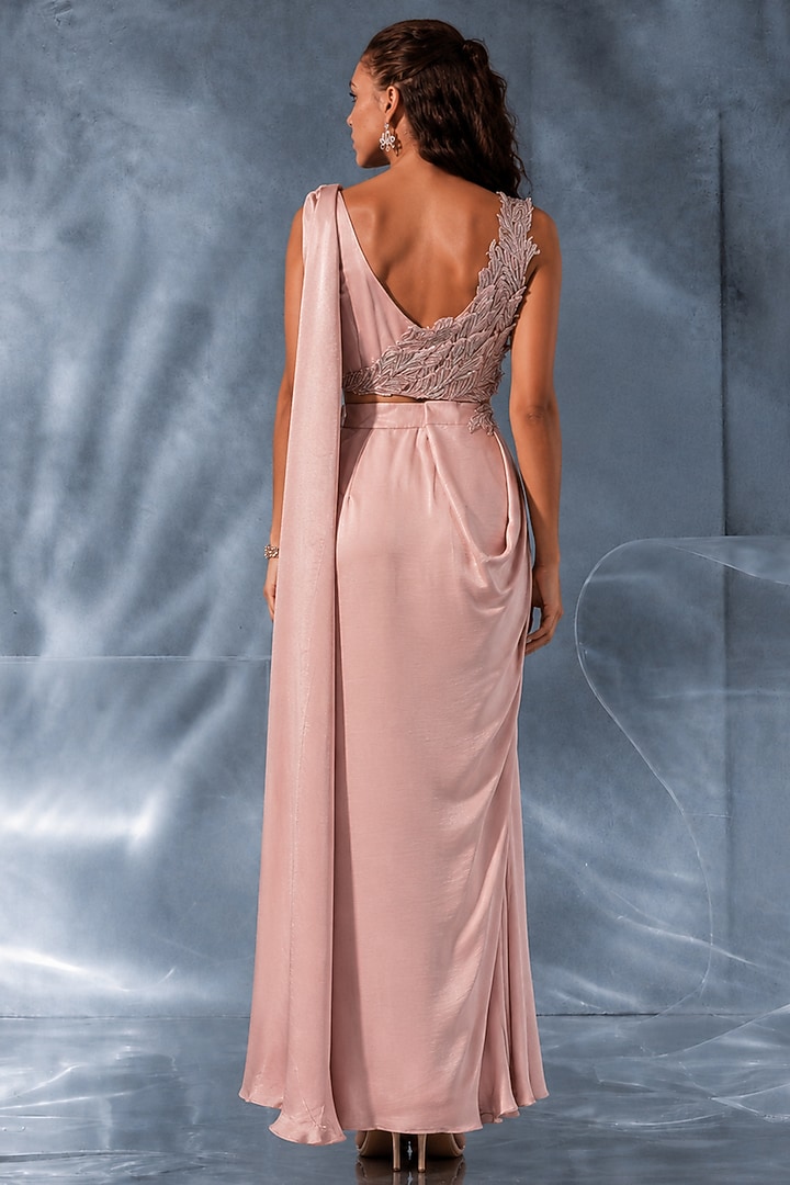 Baby Pink Crepe Wedding Saree Set by Kalighata Pret at Pernia's Pop Up Shop