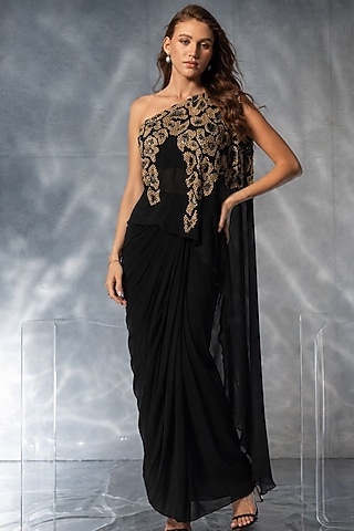Black Silk Satin Skirt Set by Kalighata Pret