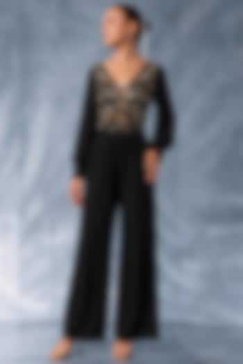 Black Crepe Satin Jumpsuit by Kalighata Pret at Pernia's Pop Up Shop