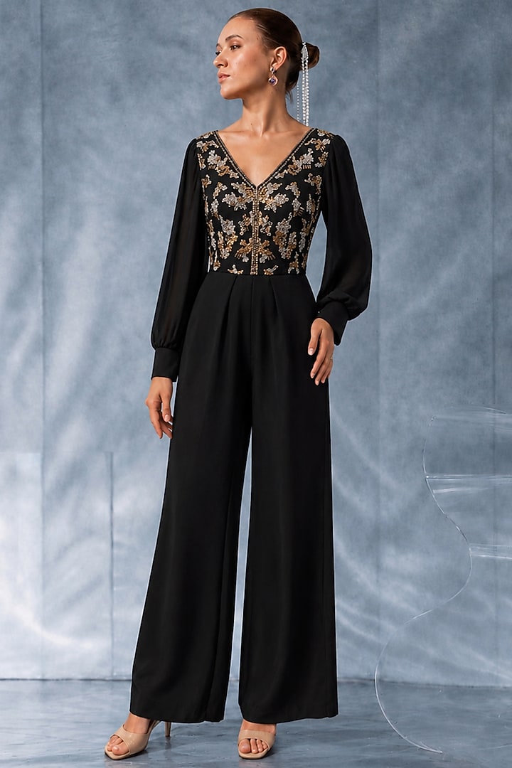 Black Crepe Satin Jumpsuit by Kalighata Pret at Pernia's Pop Up Shop