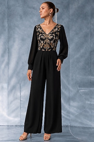 Black Crepe Satin Jumpsuit by Kalighata Pret