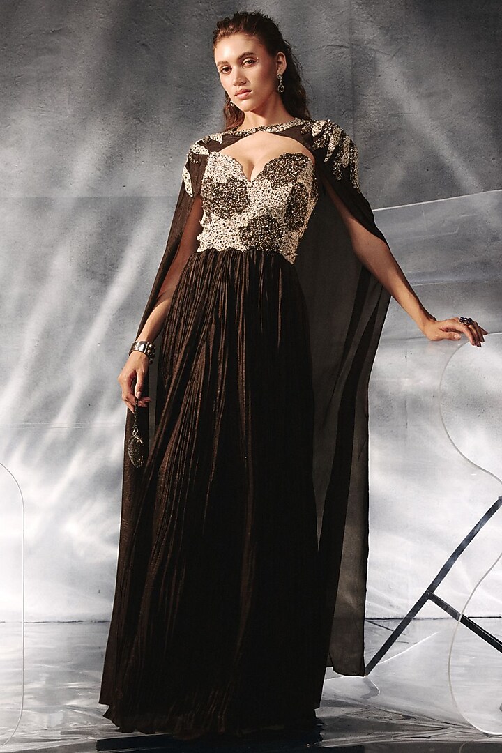 Black Crepe Crushed Engagement Gown With Cape by Kalighata Pret at Pernia's Pop Up Shop