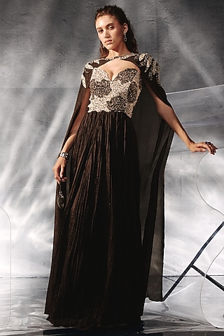 Black Crepe Crushed Gown With Cape by Kalighata Pret
