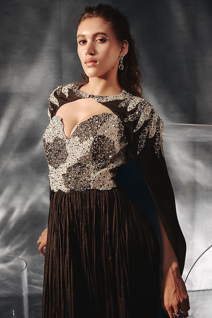 Black Crepe Crushed Engagement Gown With Cape by Kalighata Pret at Pernia's Pop Up Shop