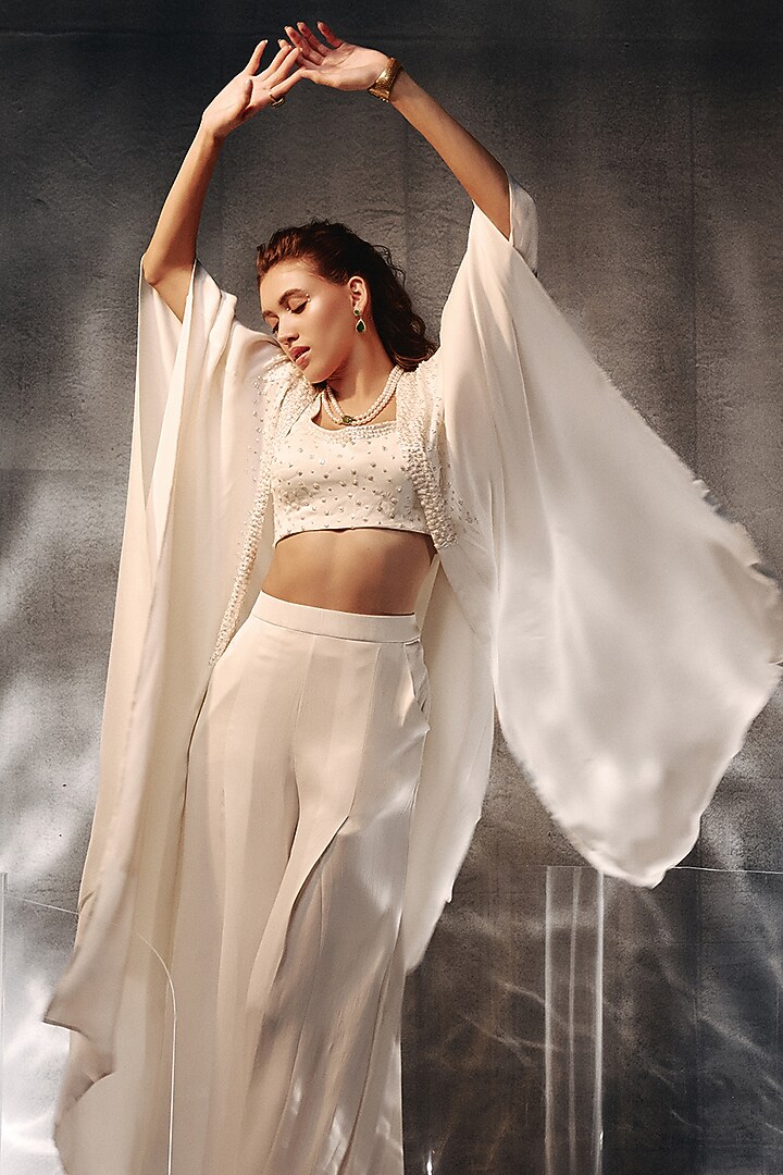 Ivory Satin Cape Set by Kalighata Pret at Pernia's Pop Up Shop