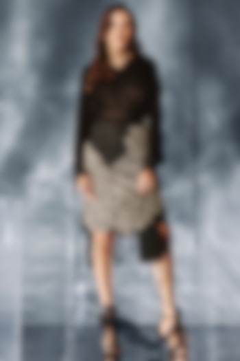 Black Satin Fringe Embroidered Skirt Set by Kalighata Pret at Pernia's Pop Up Shop