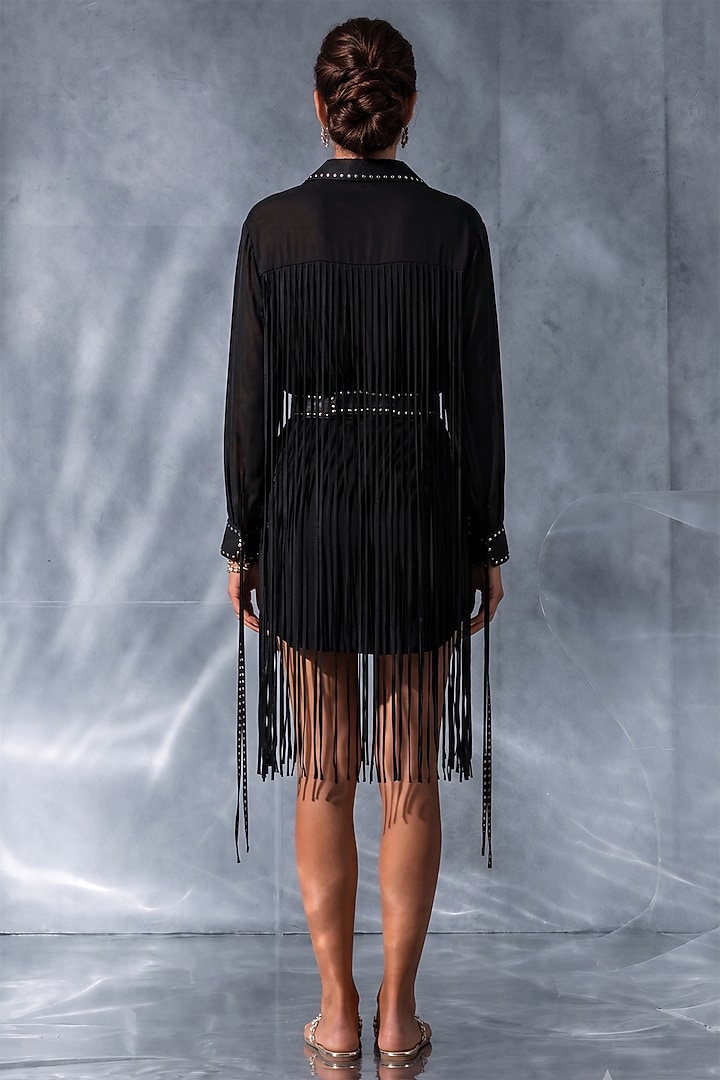 Black Satin Fringe Embroidered Skirt Set by Kalighata Pret at Pernia's Pop Up Shop