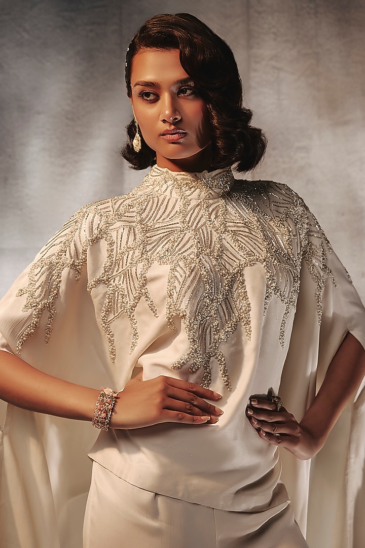 Ivory Satin Flyer Pant Set by Kalighata Pret at Pernia's Pop Up Shop