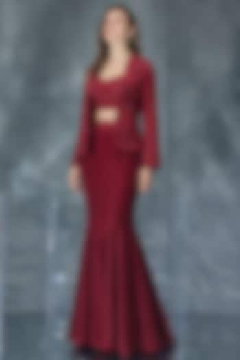 Cherry Red Satin Fish-Cut Skirt Set by Kalighata Pret at Pernia's Pop Up Shop