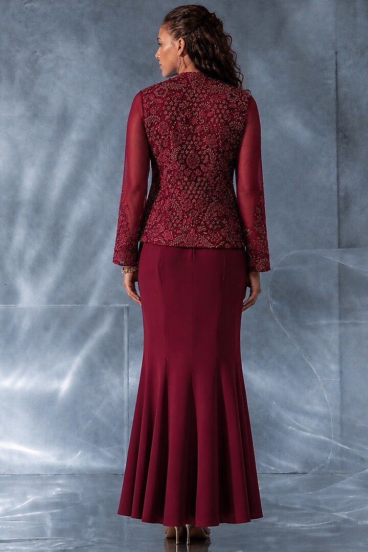 Cherry Red Satin Fish-Cut Skirt Set by Kalighata Pret at Pernia's Pop Up Shop