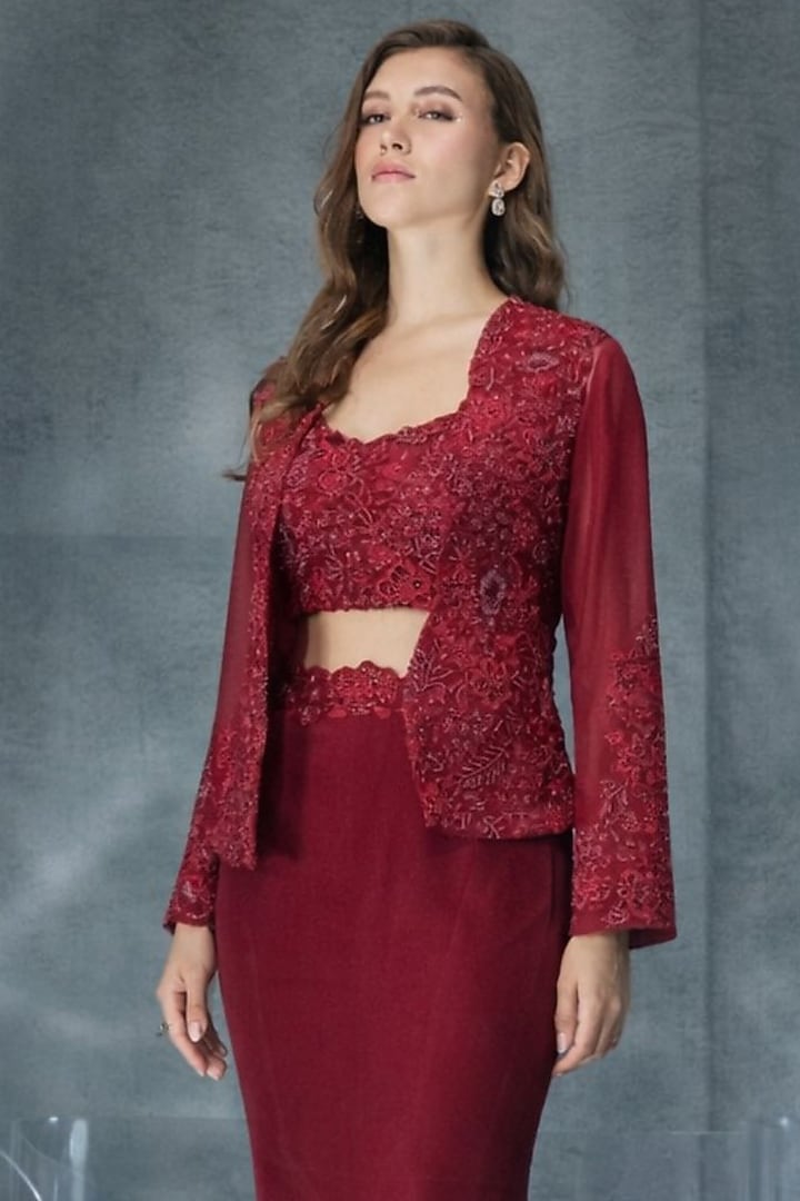 Cherry Red Satin Fish-Cut Skirt Set by Kalighata Pret at Pernia's Pop Up Shop