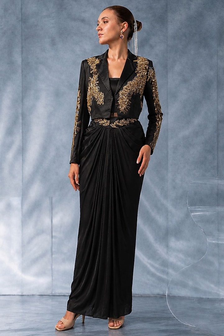 Black Satin Skirt Set by Kalighata Pret at Pernia's Pop Up Shop