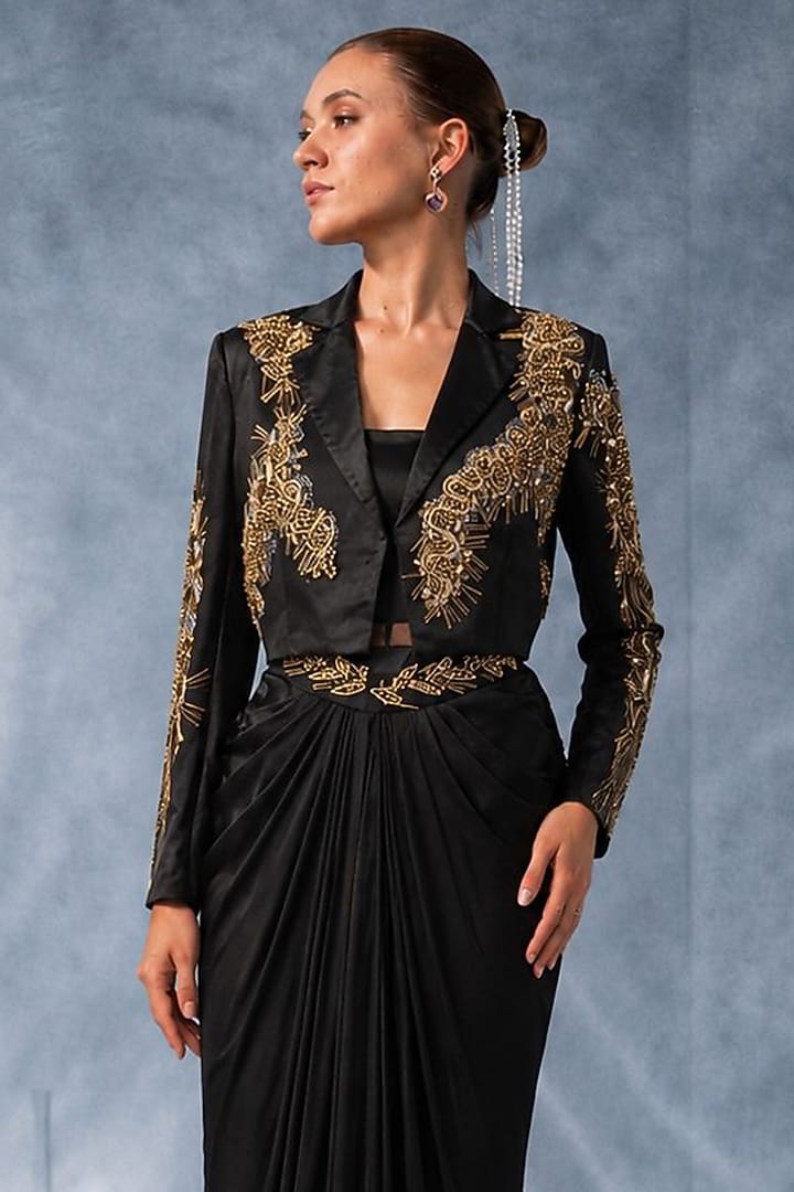 Black Satin Skirt Set by Kalighata Pret at Pernia's Pop Up Shop