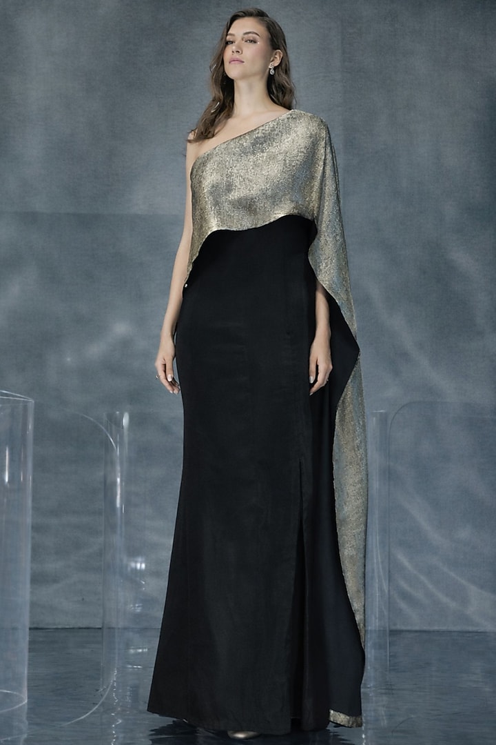 Black Double Georgette One-Shoulder Layered Vacation Dress by Kalighata Pret at Pernia's Pop Up Shop