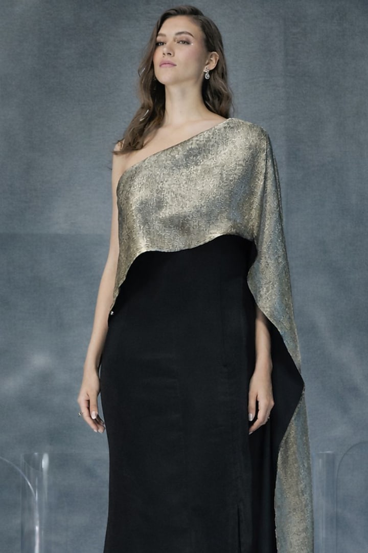 Black Double Georgette One-Shoulder Layered Vacation Dress by Kalighata Pret at Pernia's Pop Up Shop