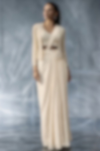Off-White Organza Jacket Draped Wedding Saree Set by Kalighata Pret at Pernia's Pop Up Shop